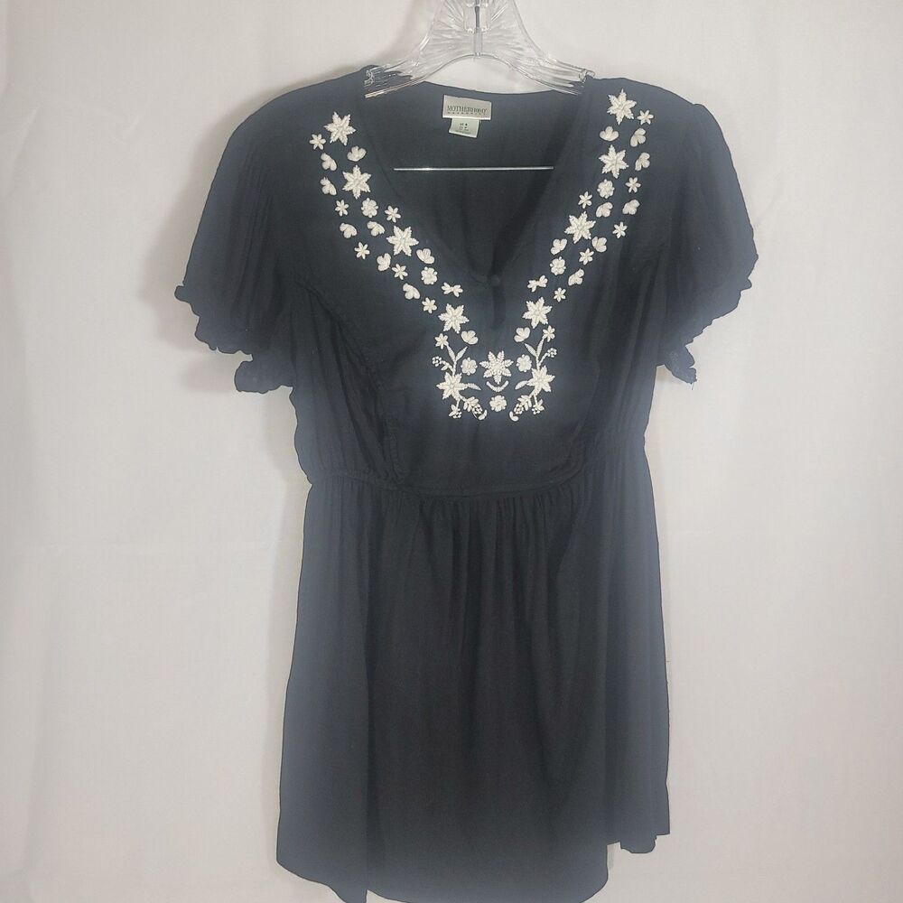 Motherhood Maternity Cap Sleeve Top Blouse Black w/ White Embroidery Size S